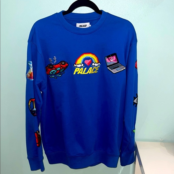 Rare Vintage Palace Skateboards Mixed Media Bitmap Crew Blue Crewneck Sweater L